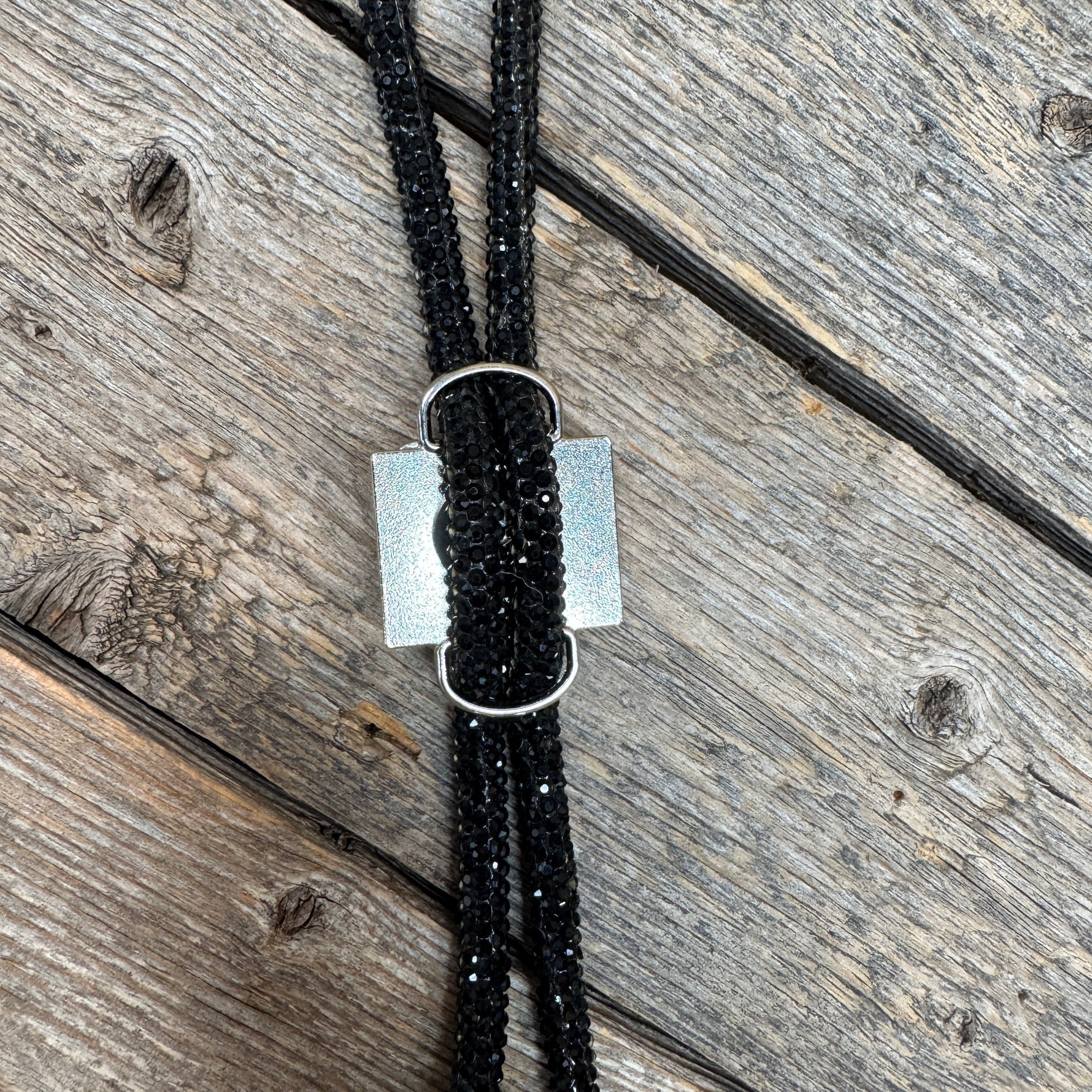Black Rhinestone Bolo Tie with Turquoise Slide
