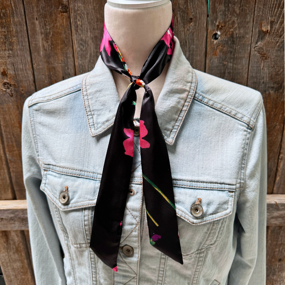 Black and Pink Floral Wild_Rag_Scarf_for_NFR_Cowgirls_Rodeo_Drive_Conchos