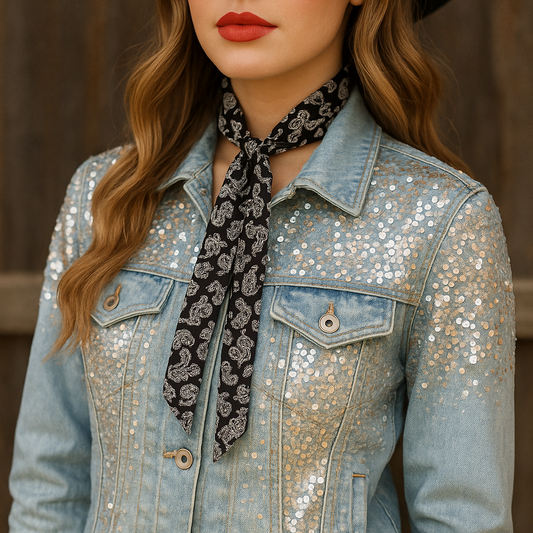 Black and White Paisley Wild_Rag_Necktie_for_Cowgirls_Rodeo_Drive_Conchos