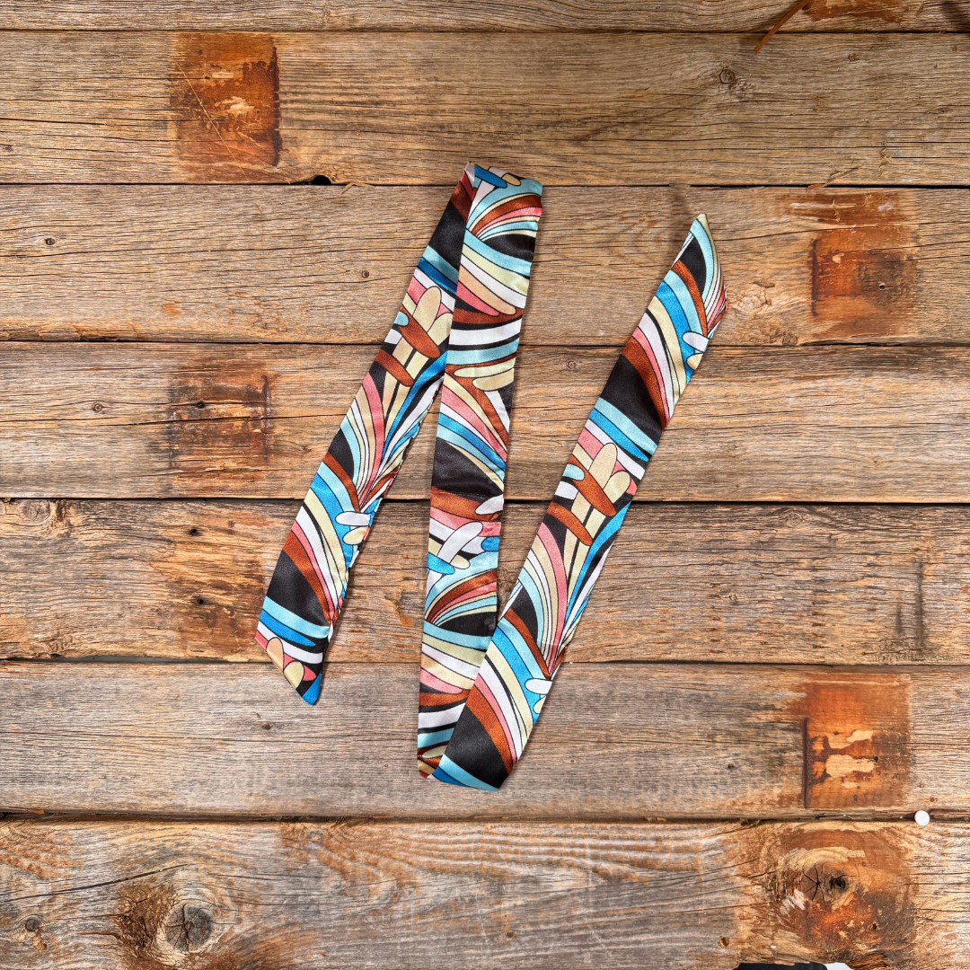 Blue and Brown Striped Western_Wild_Rag_Scarf_for_Cowgirls_Rodeo_Drive_Conchos