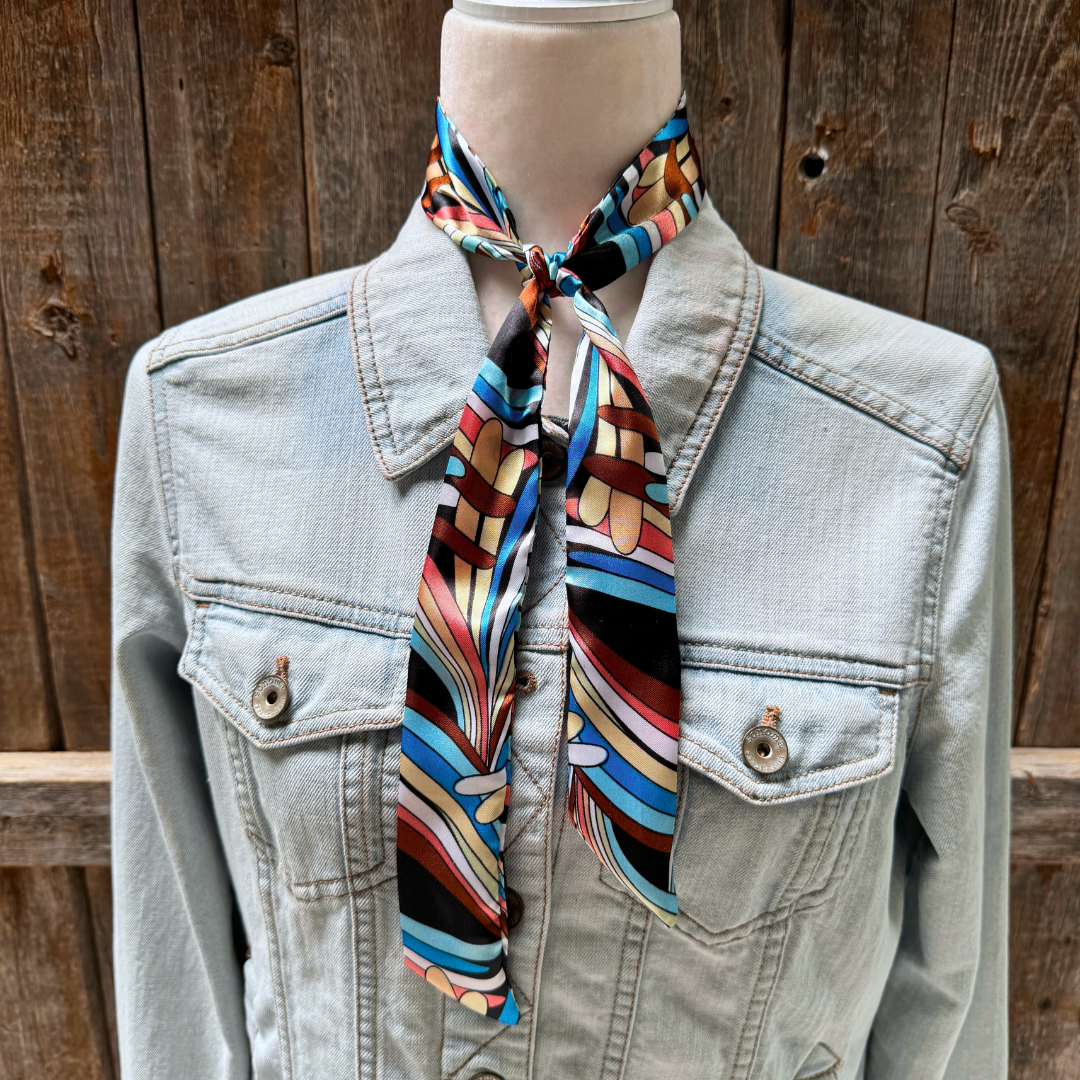 Blue and Brown Striped Wild_Rag_Scarf_for_NFR_Cowgirls_Rodeo_Drive_Conchos
