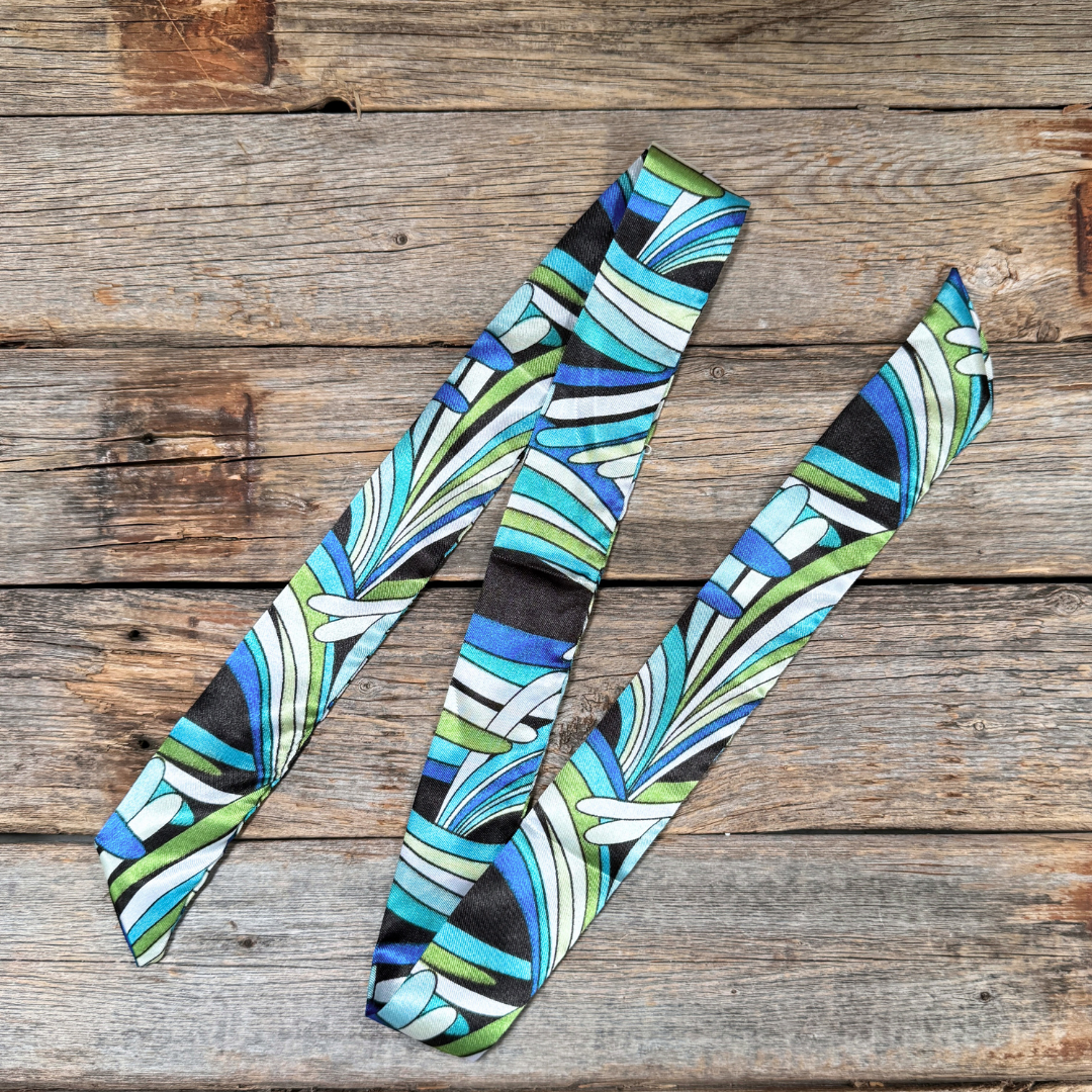 Blue and Green Striped Western_Wild_Rag_Scarf_for_Cowgirls_Rodeo_Drive_Conchos