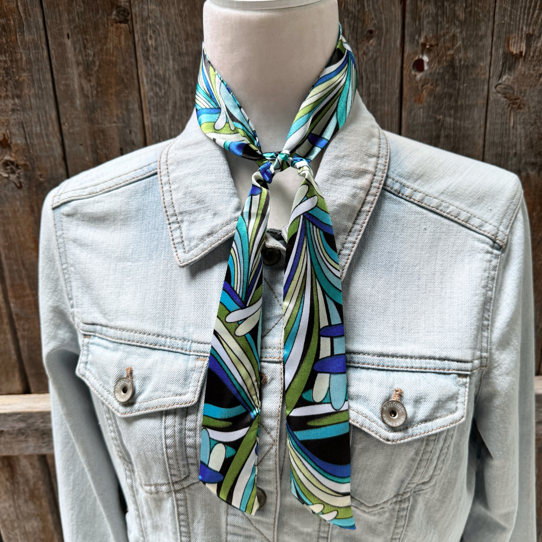 Blue and Green Striped Wild_Rag_Scarf_for_NFR_Cowgirls_Rodeo_Drive_Conchos
