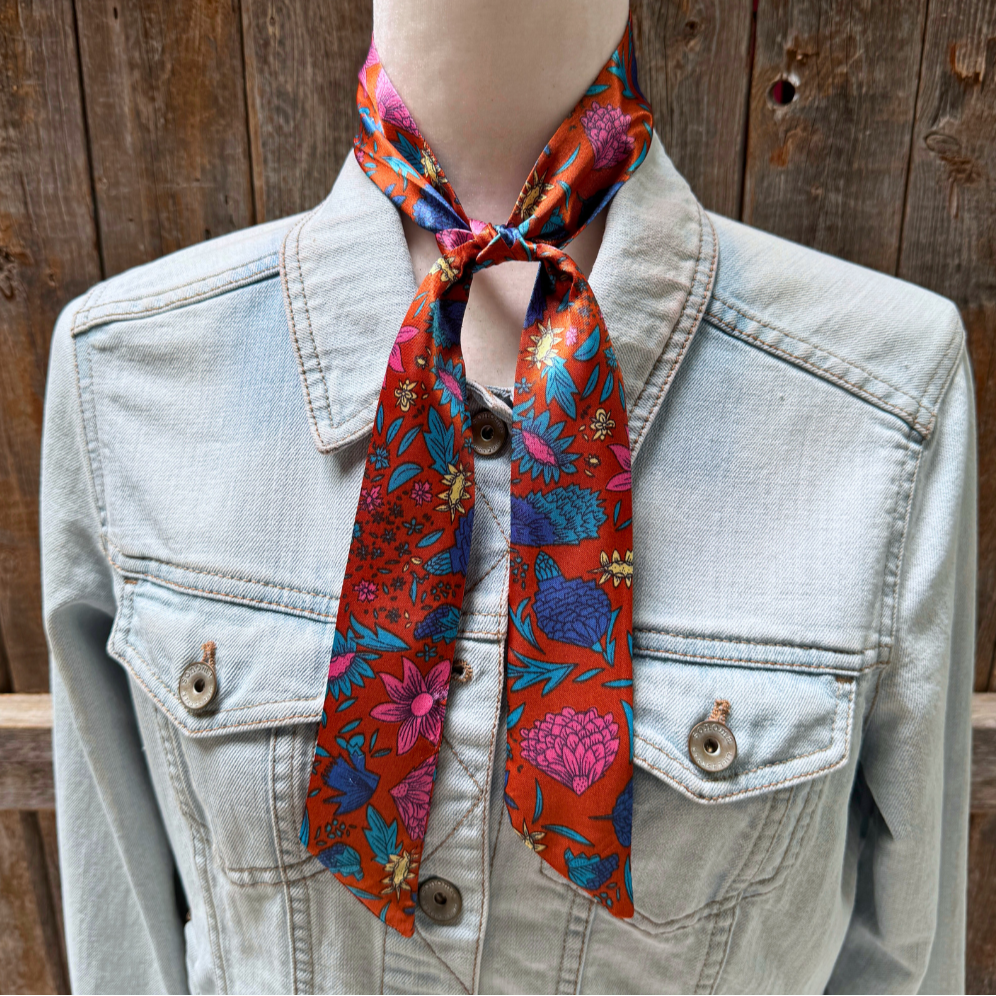 Blue and Rust Floral Wild_Rag_Scarf_for_NFR_Cowgirls_Rodeo_Drive_Conchos