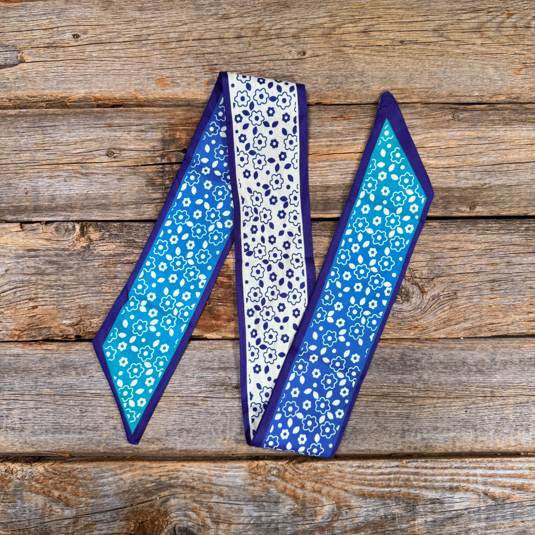 Blue and White Floral Western_Wild_Rag_Scarf_for_Cowgirls_Rodeo_Drive_Conchos