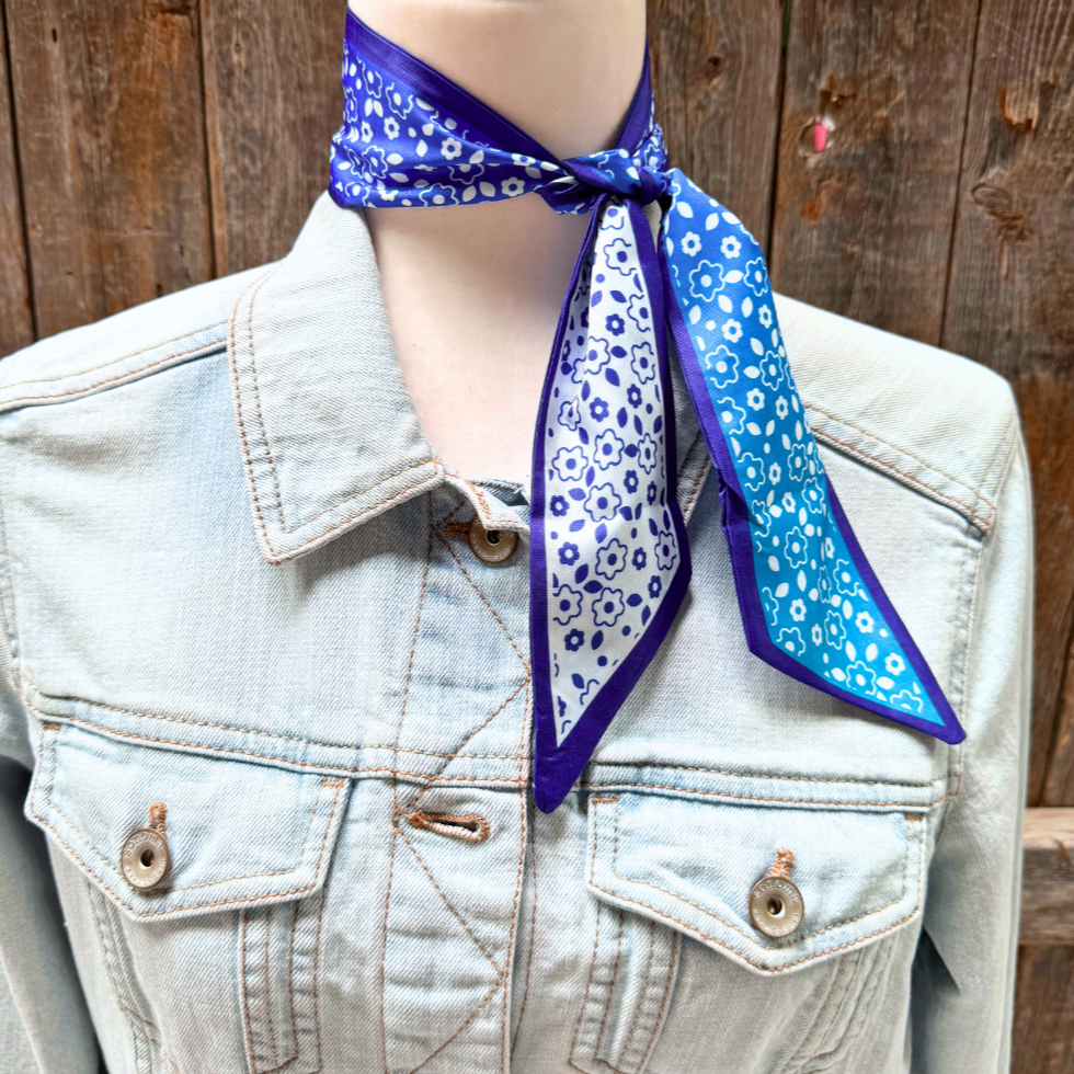 Blue and White Floral Wild_Rag_Scarf_for_NFR_Cowgirls_Rodeo_Drive_Conchos