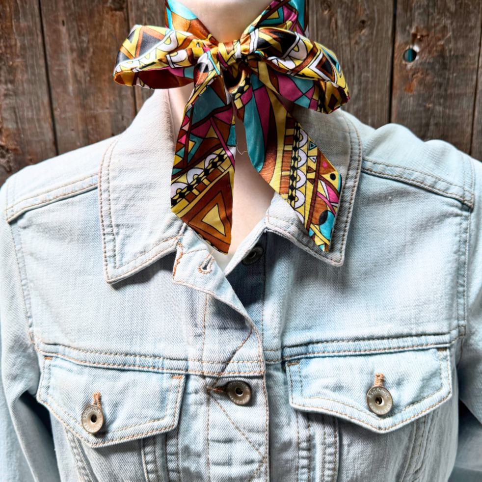 Brown and Yellow Multi Patterned Wild_Rag_Scarf_for_Cowgirls_Rodeo_Drive_Conchos