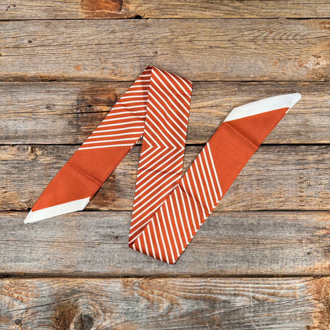Burnt orange and cream striped Western_Wild_Rag_Scarf_for_Cowgirls_Rodeo_Drive_Conchos