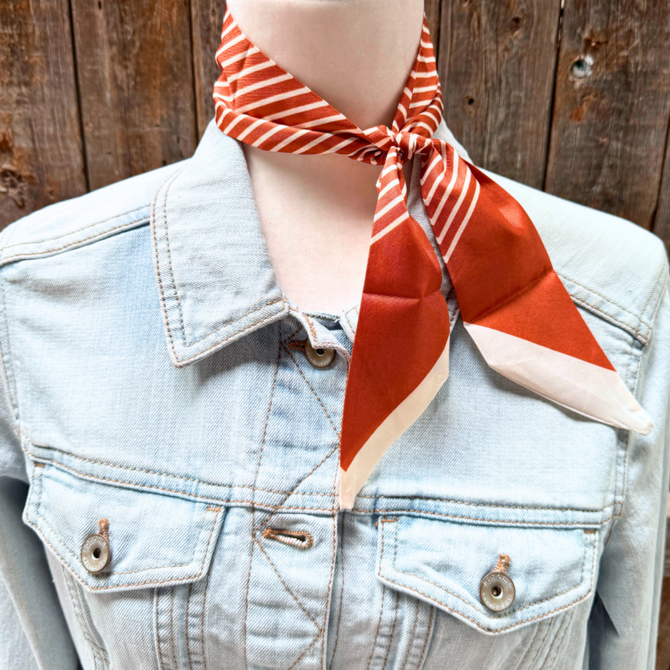 Burnt orange and cream striped Wild_Rag_Scarf_for_NFR_Cowgirls_Rodeo_Drive_Conchos