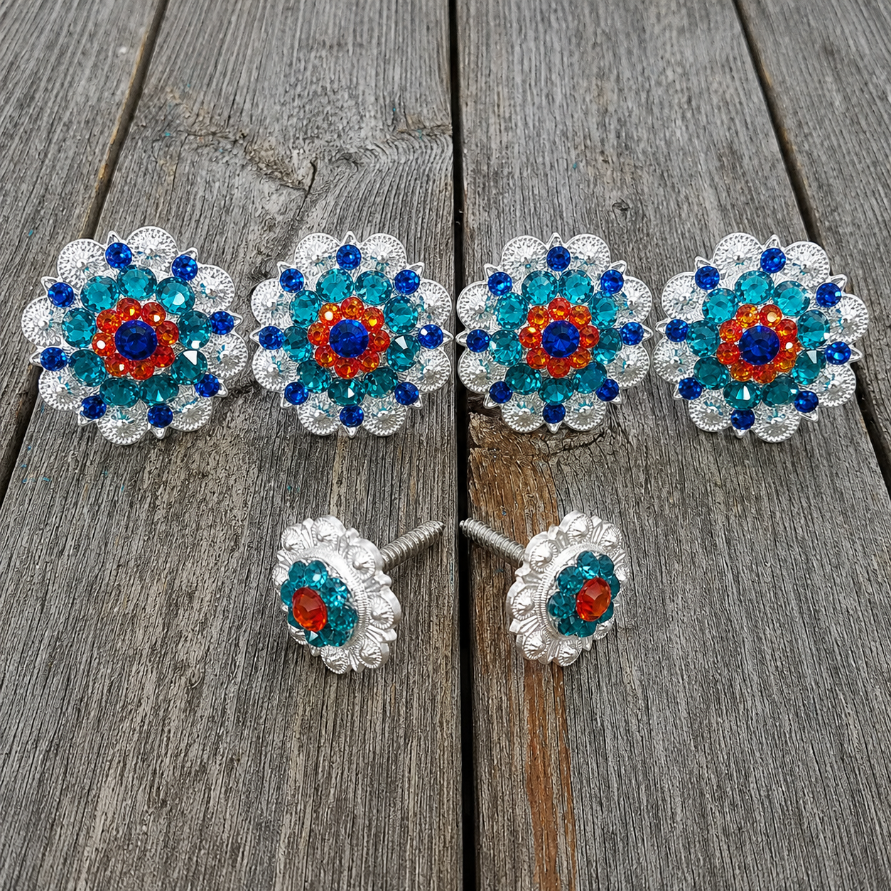 Bright Silver Capri Fire Opal & Teal Saddle Conchos