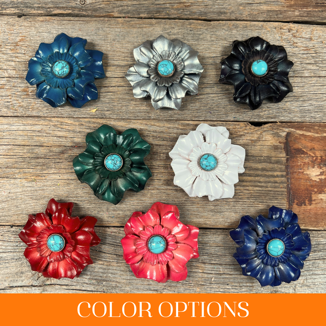 Hand Painted Leather Flowers - Carnations - Round Turquoise Cabochons