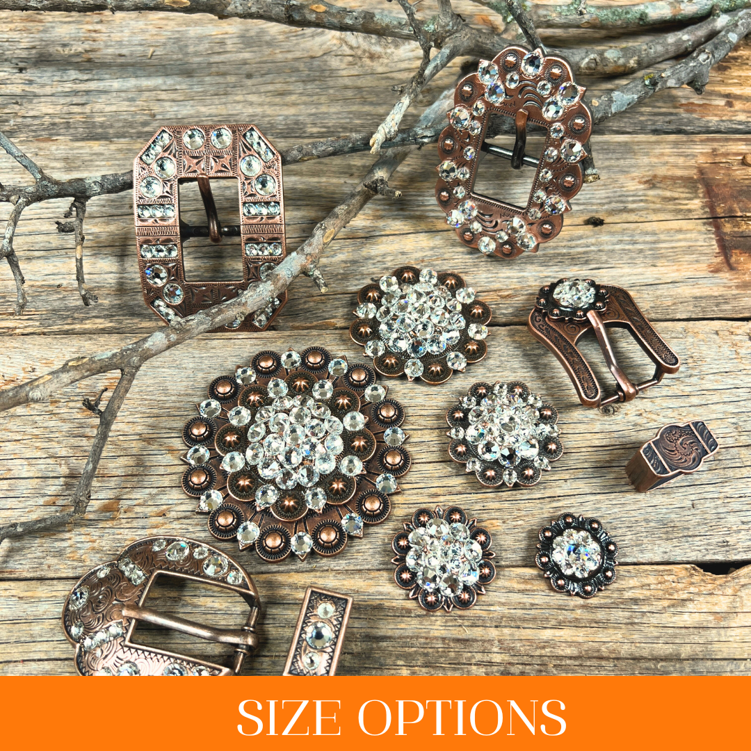 Copper Clear Crystal Conchos Sizes from 1"-3" and Buckles