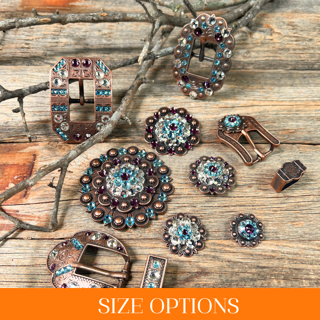 Copper Amethyst, Aqua, Clear Crystal Conchos Sizes from 1
