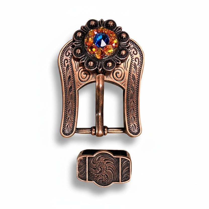 Copper Capri - Fire Opal - Teal Crystal Conchos | Sizes 1"- 3" | Buckles | Saddle Set | Leather Rosettes | Slide