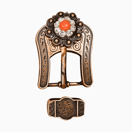 Fashion Coral and Clear Copper European Crystal Buckle and Keeper Set - RODEO DRIVE