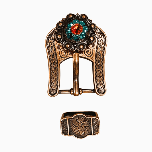 Fire Opal Teal & AB Copper European Crystal Buckle Keeper Set - RODEO DRIVE