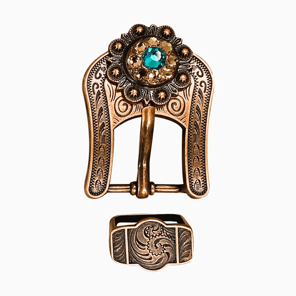 Teal Champagne & Topaz Copper European Crystal Buckle Keeper Set - RODEO DRIVE