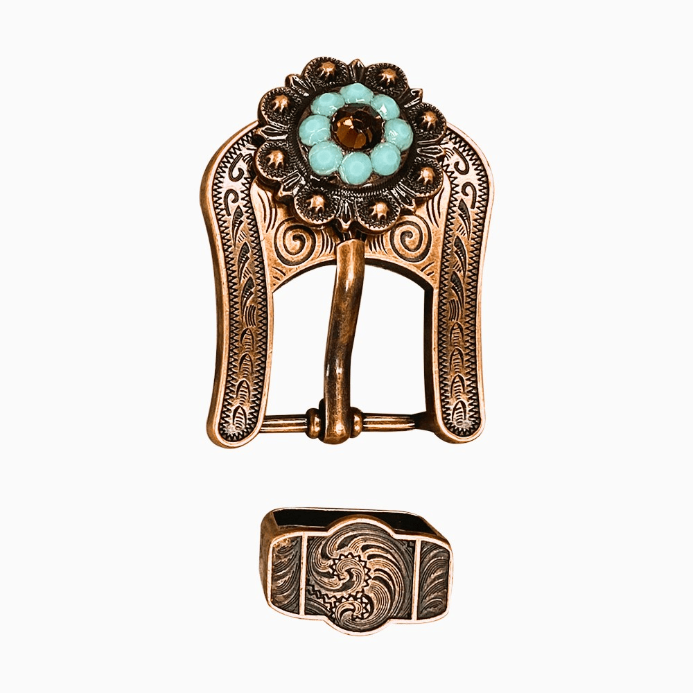 Topaz Turquoise & AB Copper European Crystal Buckle Keeper Set - RODEO DRIVE