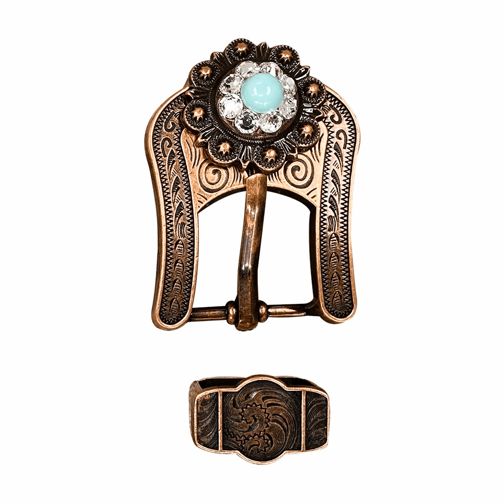 Fashion Turquoise and Clear Copper European Crystal Buckle and Keeper Set - RODEO DRIVE