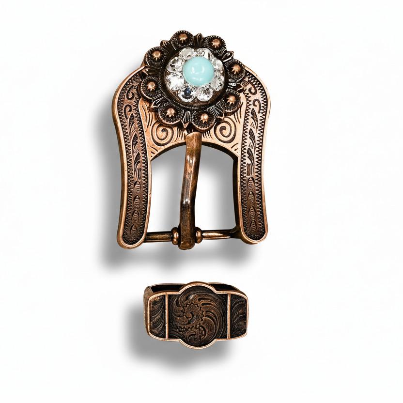 Copper Turquoise - Clear Crystal Conchos | Sizes 1"- 3" | Buckles | Saddle Set | Leather Rosettes | Slide