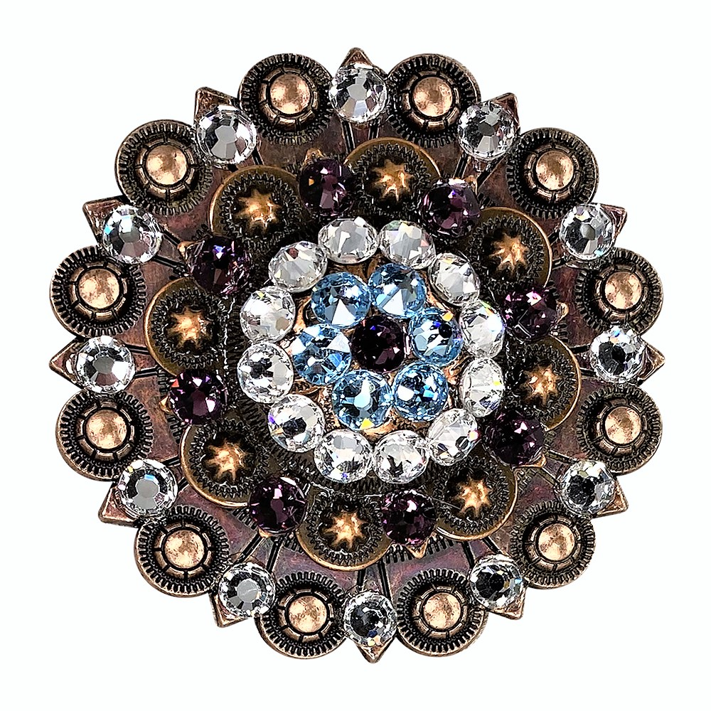 Copper Amethyst, Aqua, Clear Crystal Conchos Sizes from 1"-3" and Buckles