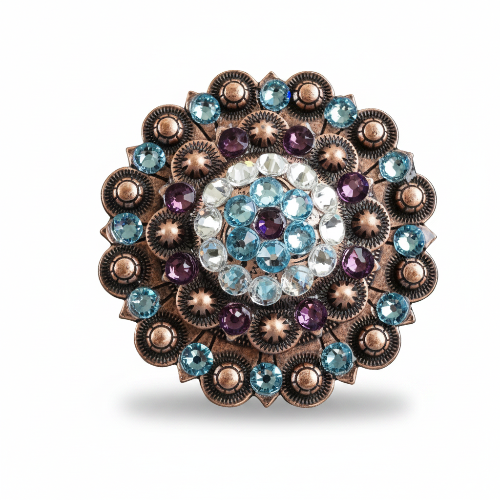 Copper Amethyst - Aqua - Clear Crystal Conchos | Sizes 1"- 3" | Buckles | Saddle Set | Leather Rosettes | Slide