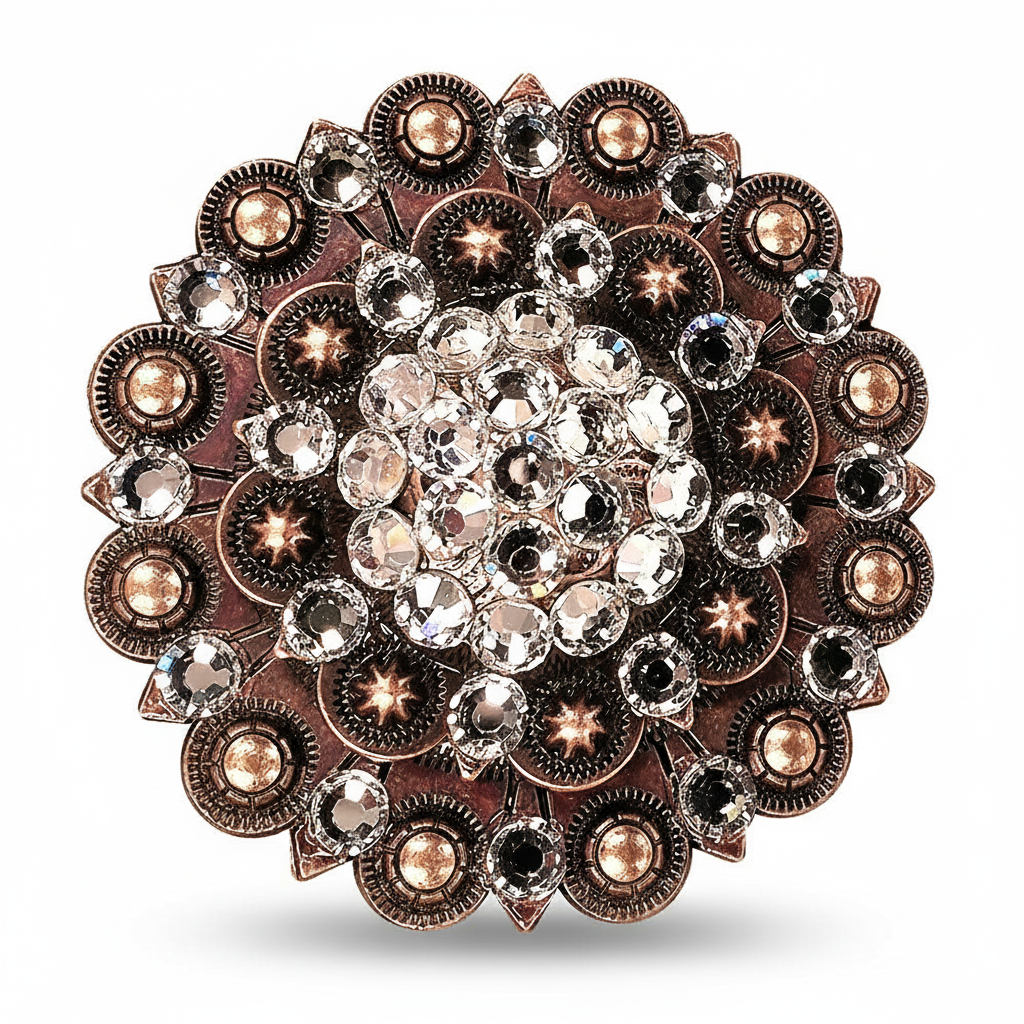 Copper Clear Crystal Conchos | Sizes 1"- 3" | Buckles | Saddle Set | Leather Rosettes | Slide