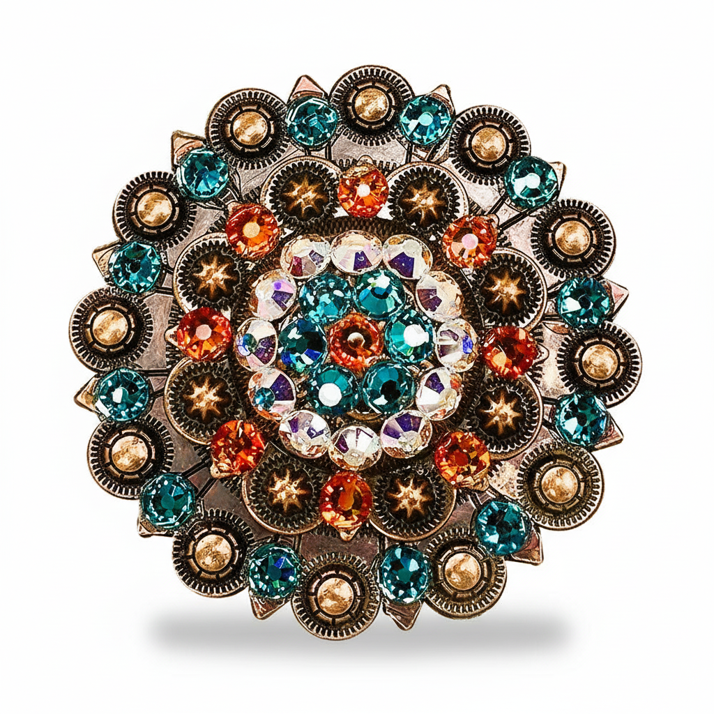 Copper Fire Opal - Teal - AB Crystal Conchos | Sizes 1"- 3" | Buckles | Saddle Set | Leather Rosettes | Slide