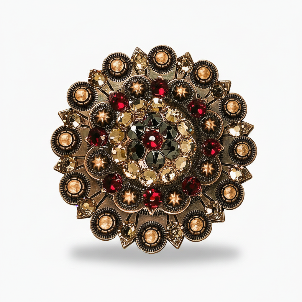 Copper Ruby - Jet - Champagne Crystal Conchos | Sizes 1"- 3" | Buckles | Saddle Set | Leather Rosettes | Slide