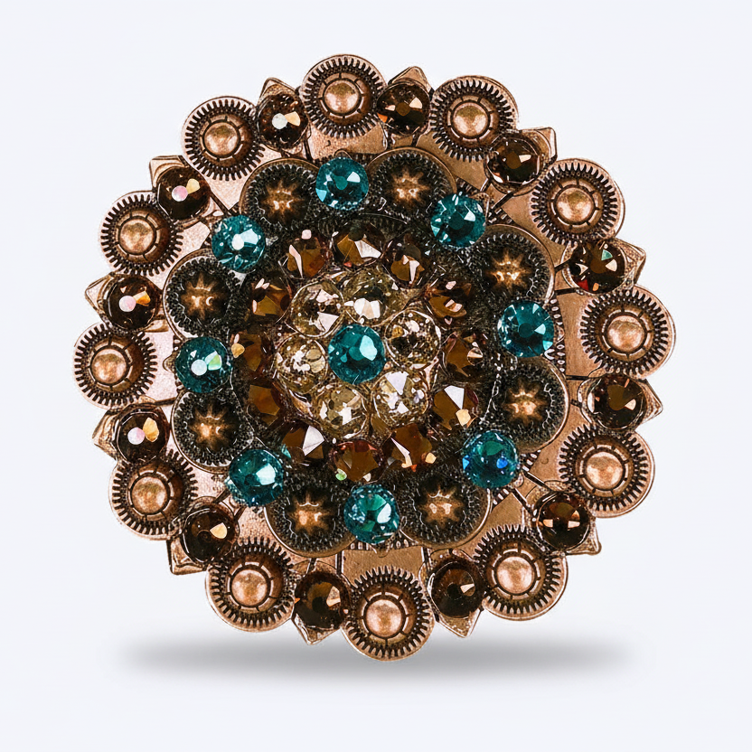 Copper Teal - Champagne - Topaz Crystal Conchos | Sizes 1"- 3" | Buckles | Saddle Set | Leather Rosettes | Slide