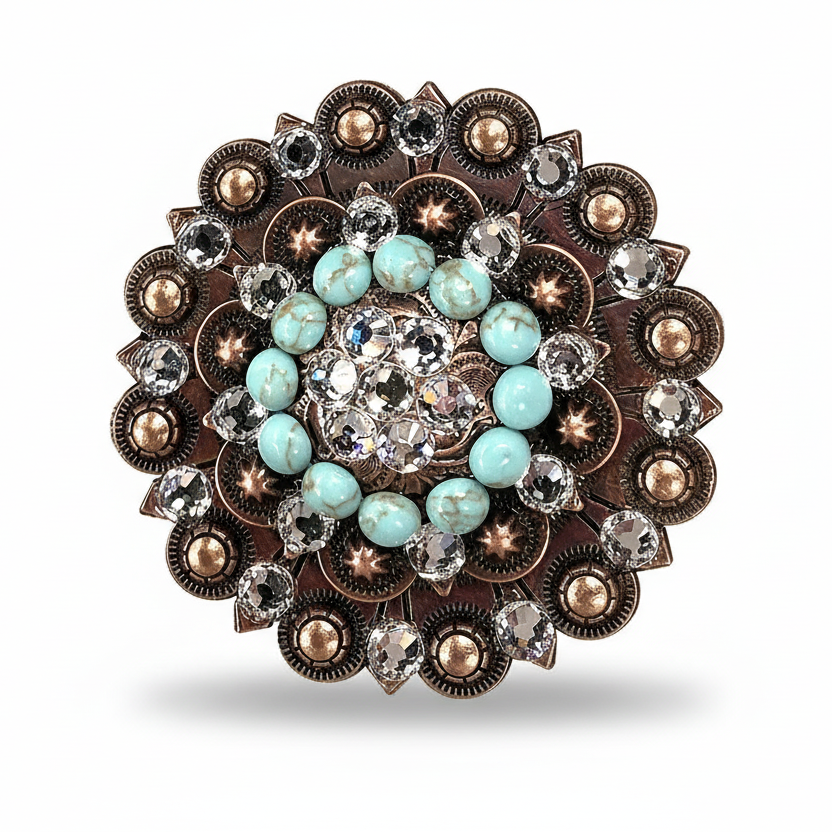 Copper Turquoise - Clear Crystal Conchos | Sizes 1"- 3" | Buckles | Saddle Set | Leather Rosettes | Slide