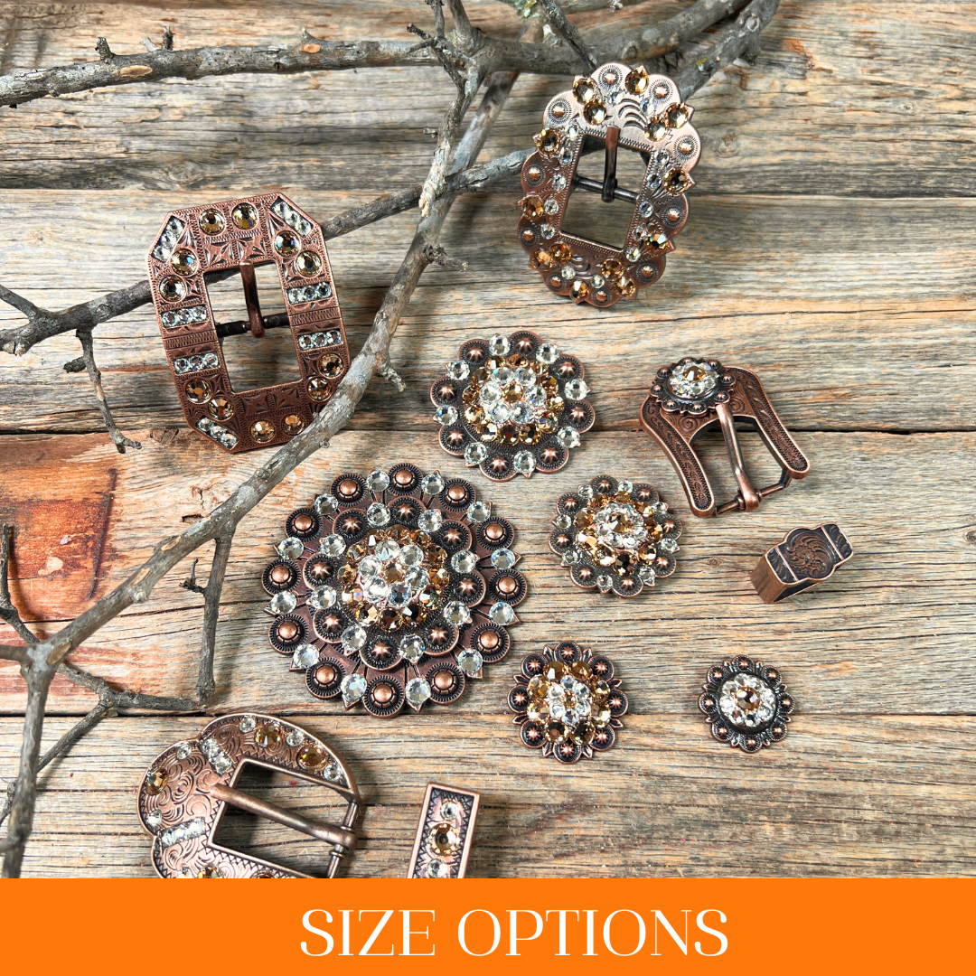 Copper Champagne, Clear Crystal Conchos Sizes from 1