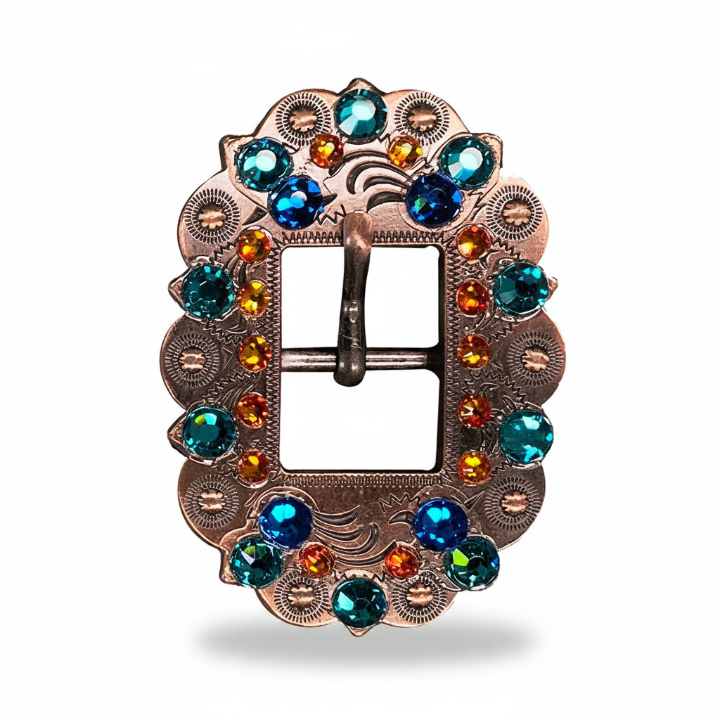 Copper Capri - Fire Opal - Teal Crystal Conchos | Sizes 1"- 3" | Buckles | Saddle Set | Leather Rosettes | Slide