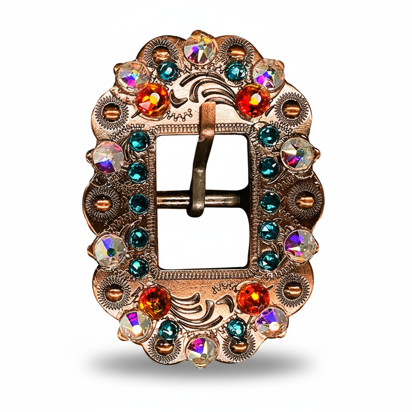 Copper Fire Opal - Teal - AB Crystal Conchos | Sizes 1"- 3" | Buckles | Saddle Set | Leather Rosettes | Slide