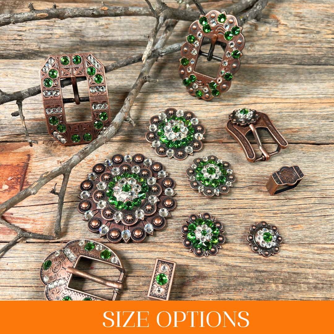 Copper Fern, Clear Crystal Conchos Sizes from 1"-3" and Buckles