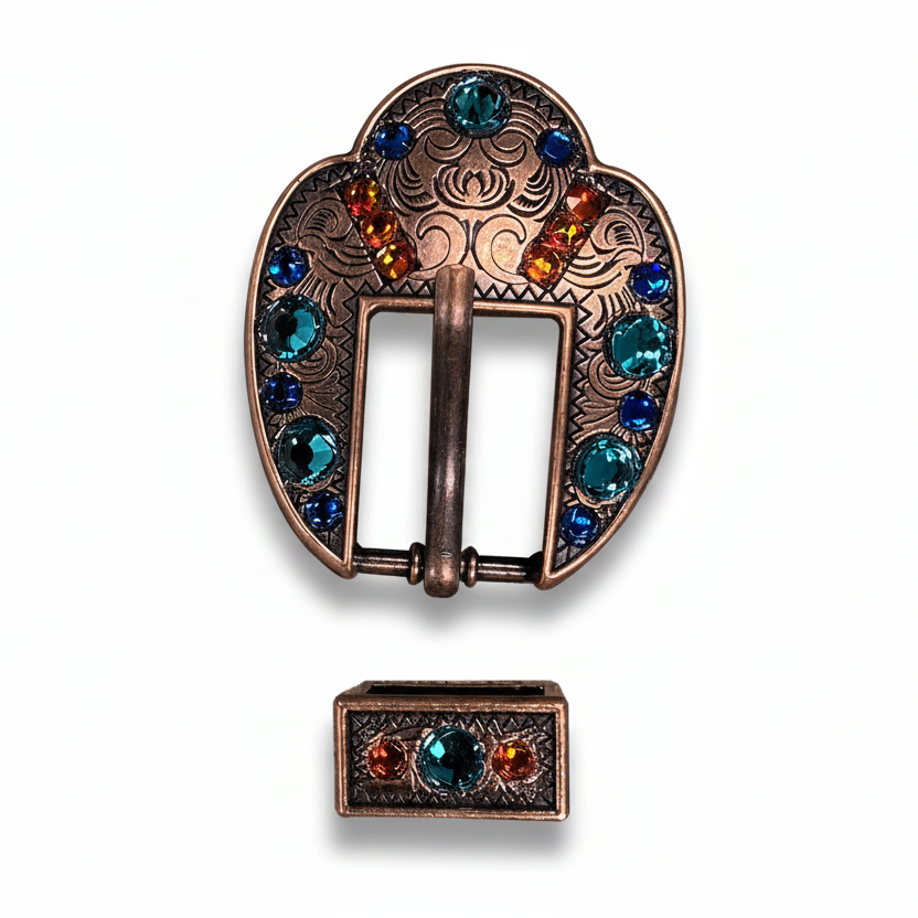 Copper Capri - Fire Opal - Teal Crystal Conchos | Sizes 1"- 3" | Buckles | Saddle Set | Leather Rosettes | Slide