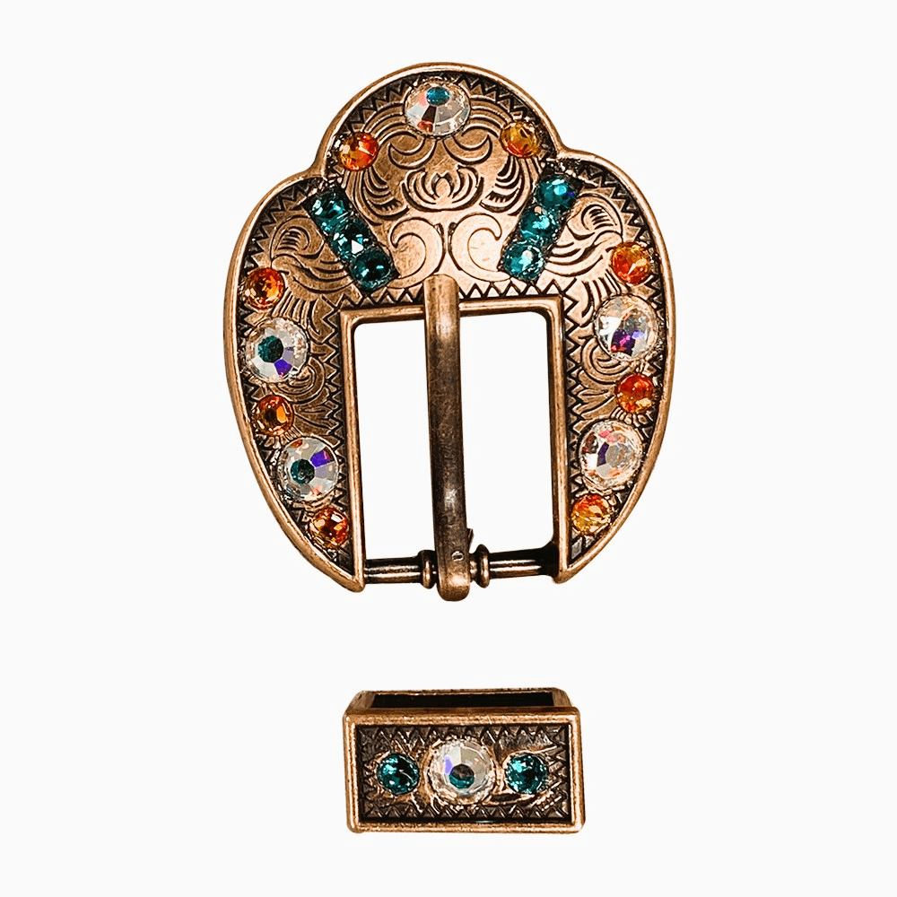 Fire Opal Teal & AB Copper European Crystal Fancy Buckle - RODEO DRIVE
