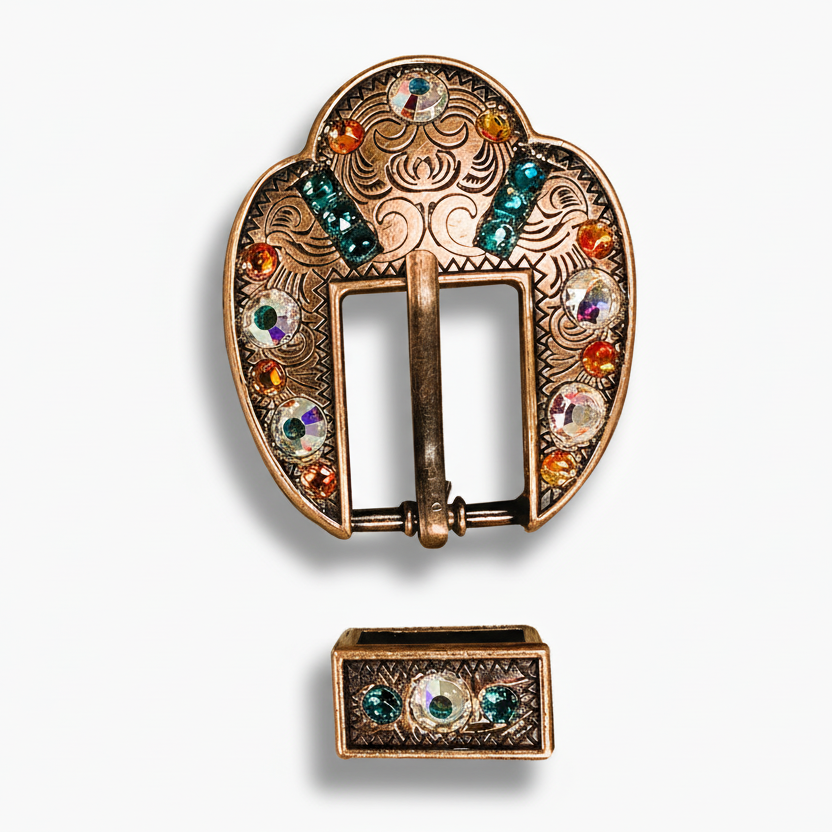 Copper Fire Opal - Teal - AB Crystal Conchos | Sizes 1"- 3" | Buckles | Saddle Set | Leather Rosettes | Slide