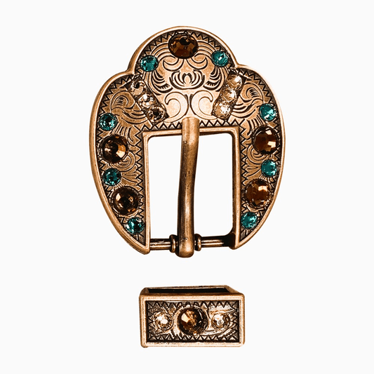 Teal Champagne & Topaz Copper European Crystal Fancy Buckle - RODEO DRIVE