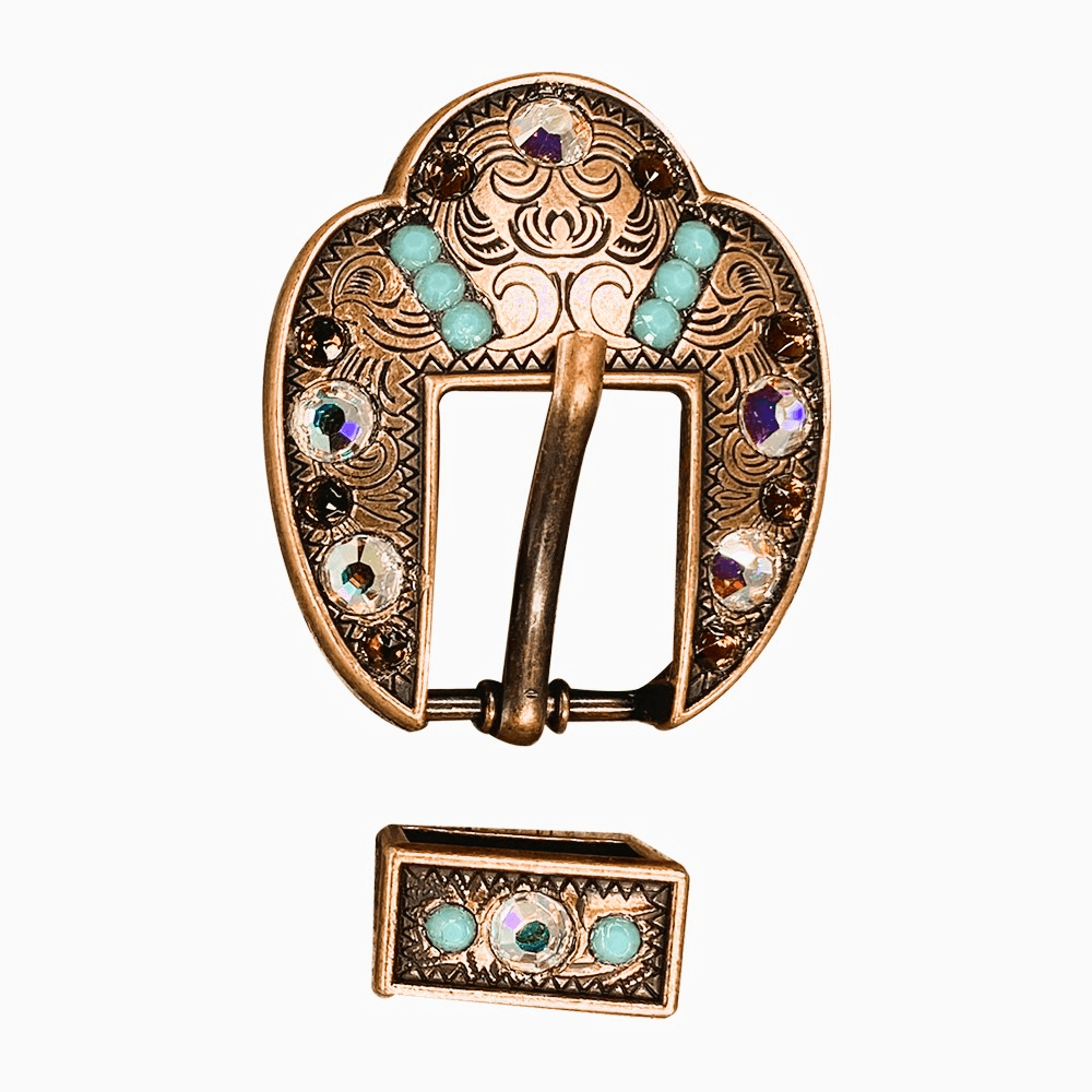Topaz Turquoise & AB Copper European Crystal Fancy Buckle - RODEO DRIVE