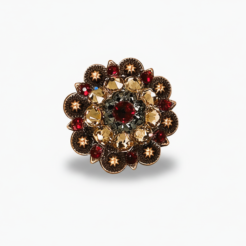 Copper Ruby - Jet - Champagne Crystal Conchos | Sizes 1"- 3" | Buckles | Saddle Set | Leather Rosettes | Slide