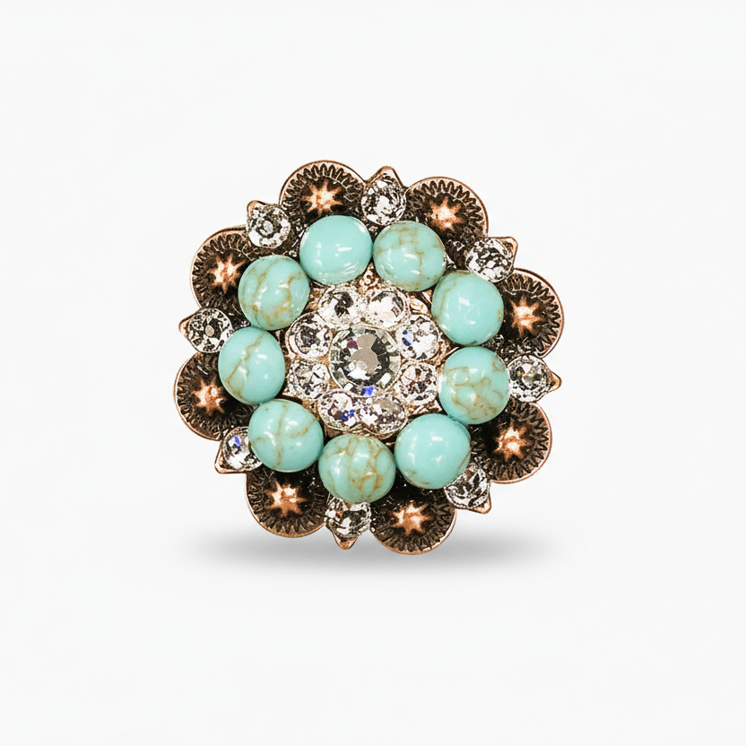 Copper Turquoise - Clear Crystal Conchos | Sizes 1"- 3" | Buckles | Saddle Set | Leather Rosettes | Slide