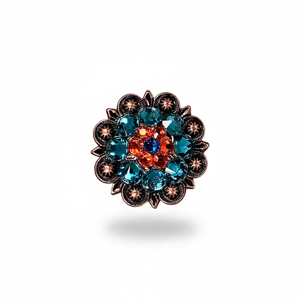 Copper Capri - Fire Opal - Teal Crystal Conchos | Sizes 1"- 3" | Buckles | Saddle Set | Leather Rosettes | Slide