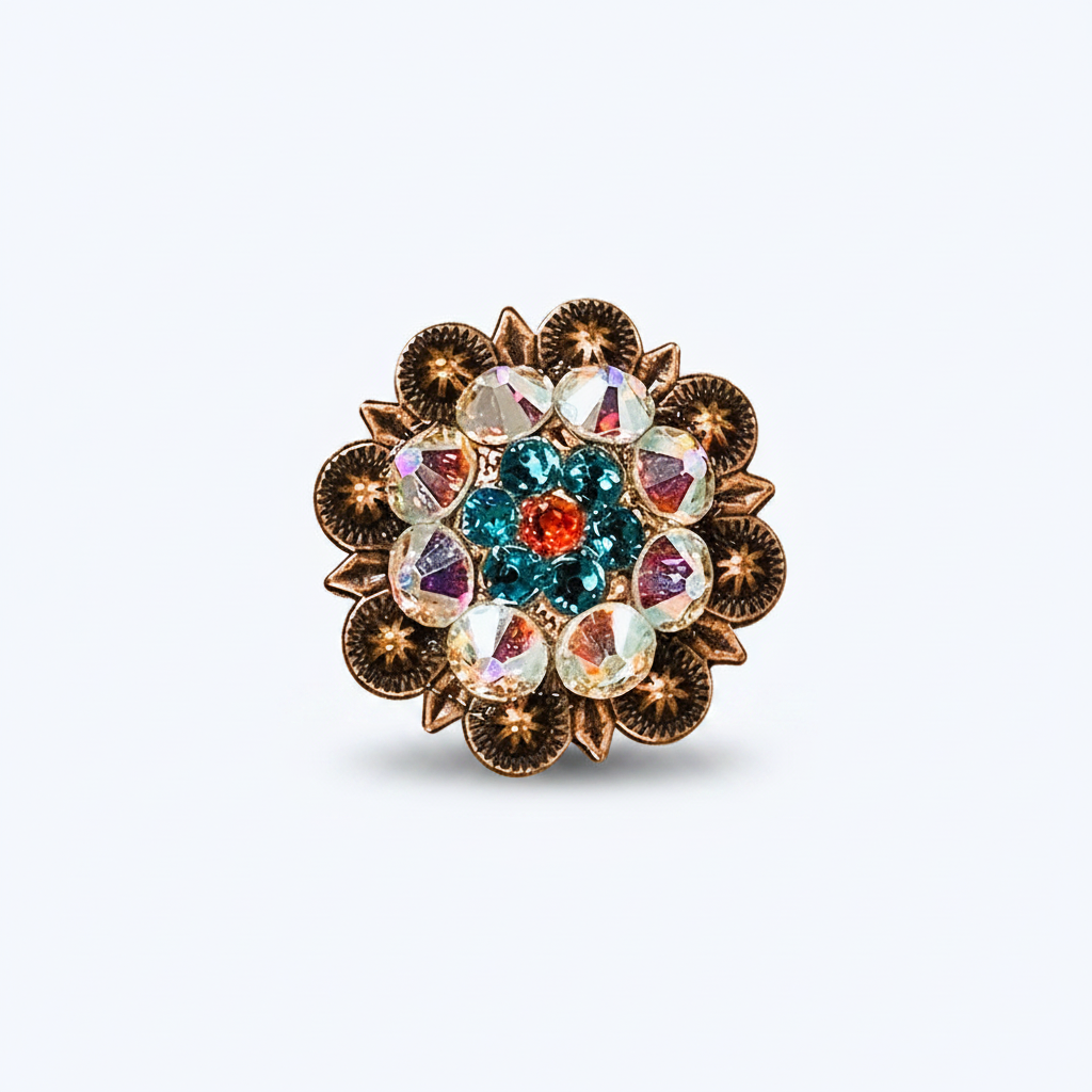 Copper Fire Opal - Teal - AB Crystal Conchos | Sizes 1"- 3" | Buckles | Saddle Set | Leather Rosettes | Slide