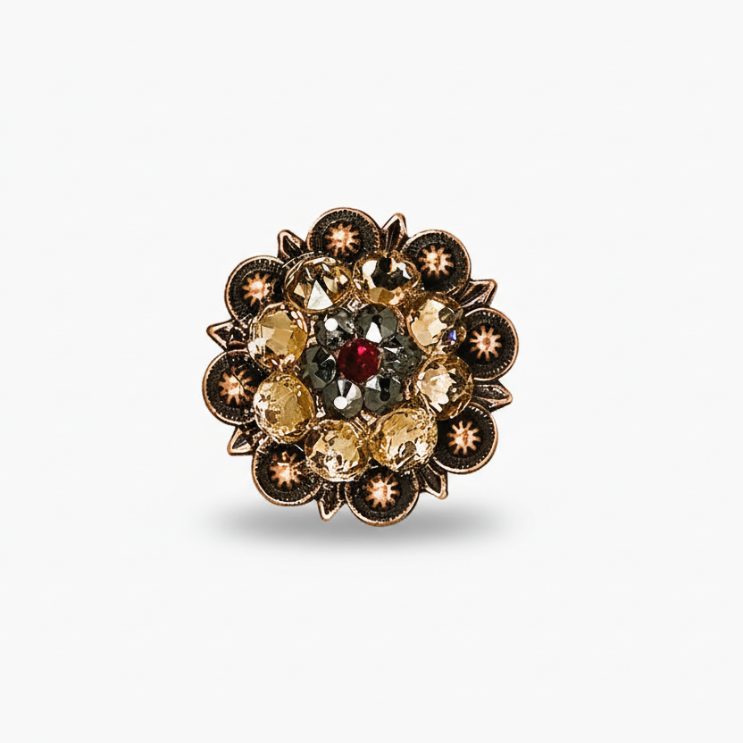 Copper Ruby - Jet - Champagne Crystal Conchos | Sizes 1"- 3" | Buckles | Saddle Set | Leather Rosettes | Slide