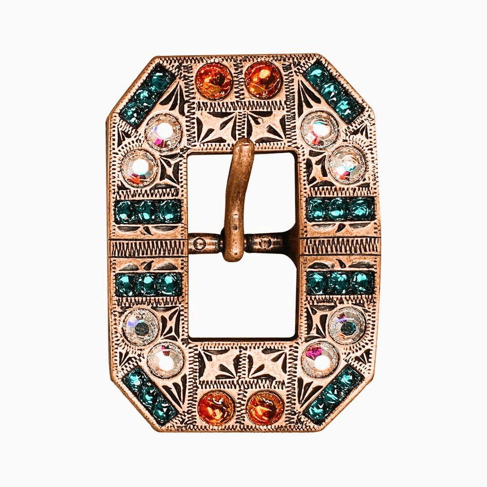 Fire Opal Teal & AB Copper European Crystal Square Cart Buckle - RODEO DRIVE