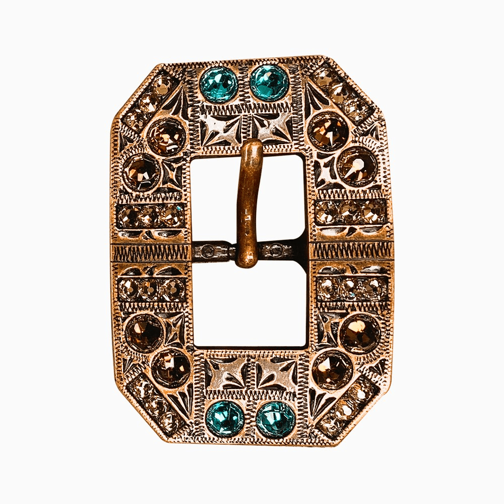 Teal Champagne & Topaz Copper European Crystal Square Cart Buckle - RODEO DRIVE