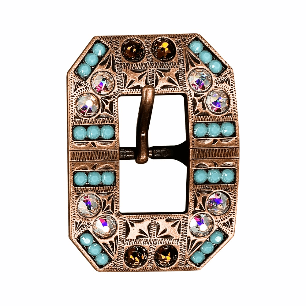 Topaz Turquoise & AB Copper European Crystal Square Cart Buckle - RODEO DRIVE