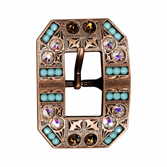 Topaz Turquoise & AB Copper European Crystal Square Cart Buckle - RODEO DRIVE