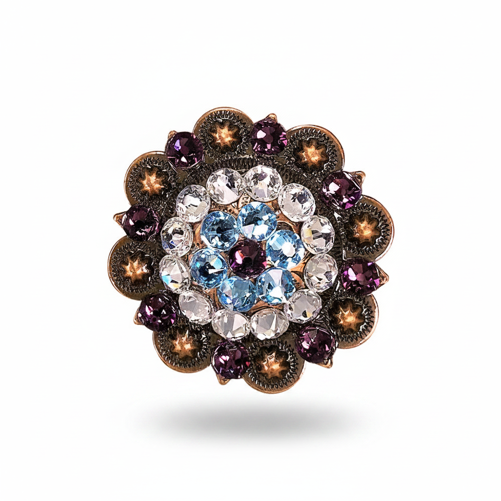 Copper Amethyst - Aqua - Clear Crystal Conchos | Sizes 1"- 3" | Buckles | Saddle Set | Leather Rosettes | Slide